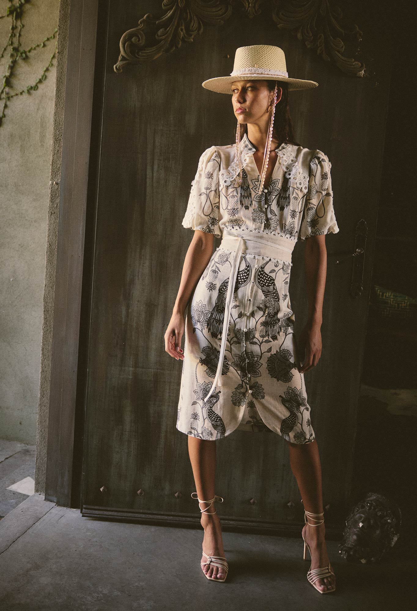 OnceWas Gaia Lace Spliced Linen Viscose Dress in Imperial Stone