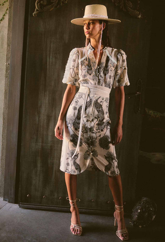 Gaia Lace Spliced Linen Viscose Dress in Imperial Stone