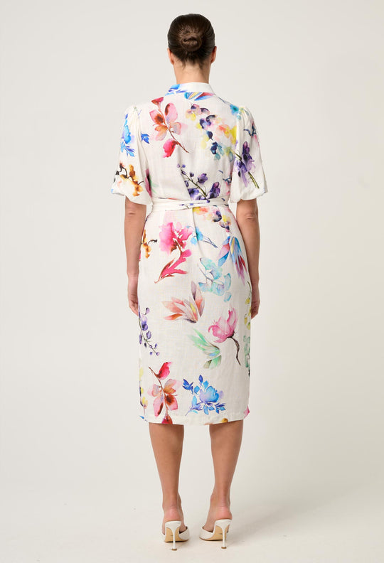 OnceWas Gaia Lace Spliced Linen Viscose Dress in Plume Blossom