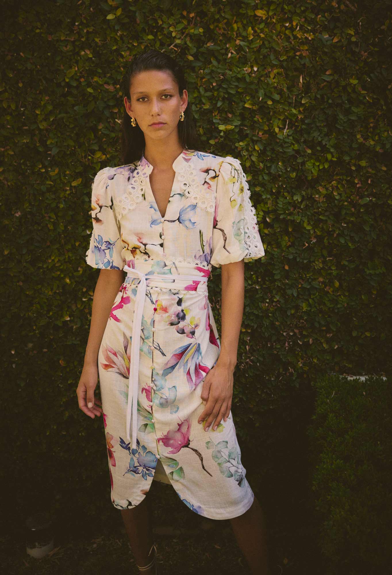 OnceWas Gaia Lace Spliced Linen Viscose Dress in Plume Blossom