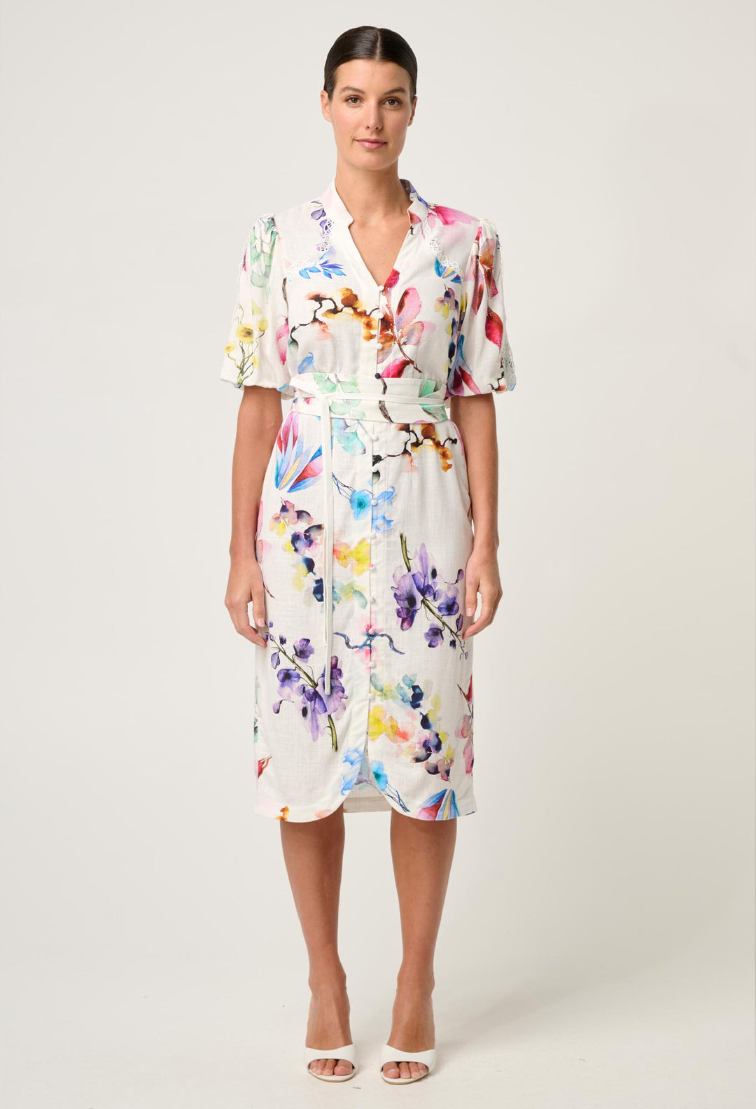 OnceWas Gaia Lace Spliced Linen Viscose Dress in Plume Blossom