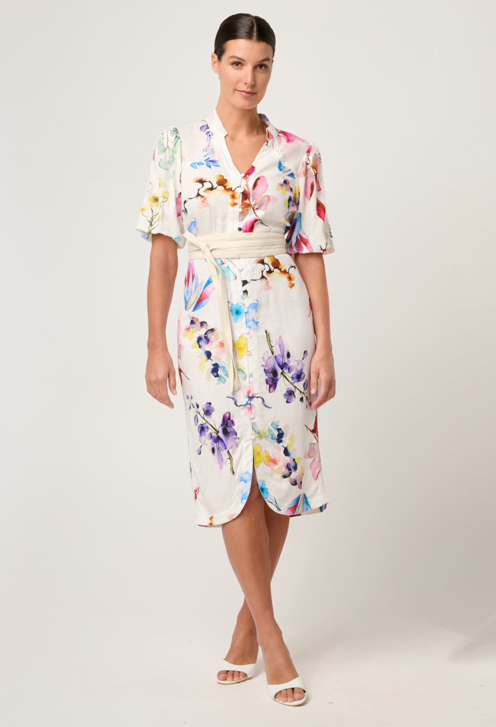 OnceWas Gaia Lace Spliced Linen Viscose Dress in Plume Blossom