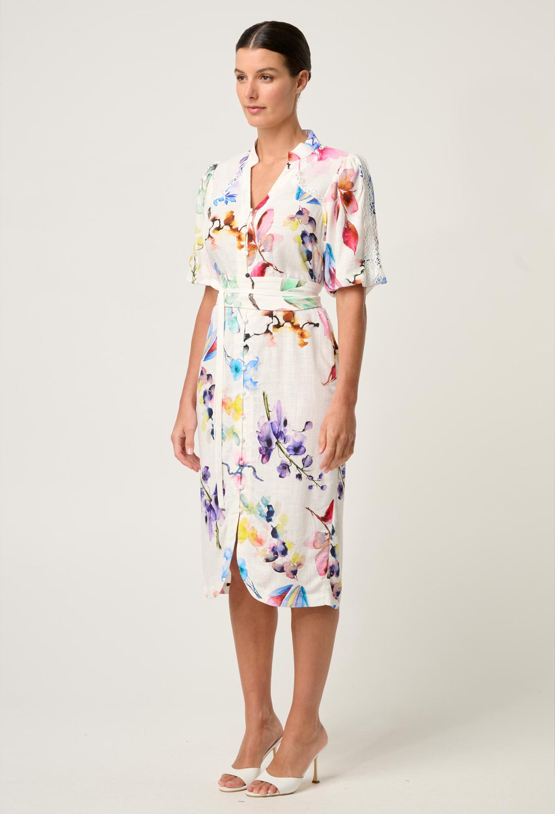 OnceWas Gaia Lace Spliced Linen Viscose Dress in Plume Blossom
