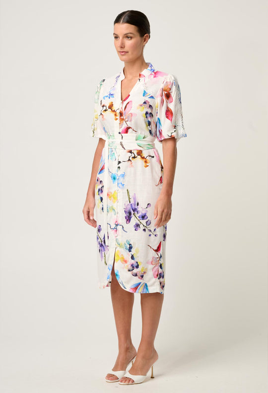 OnceWas Gaia Lace Spliced Linen Viscose Dress in Plume Blossom