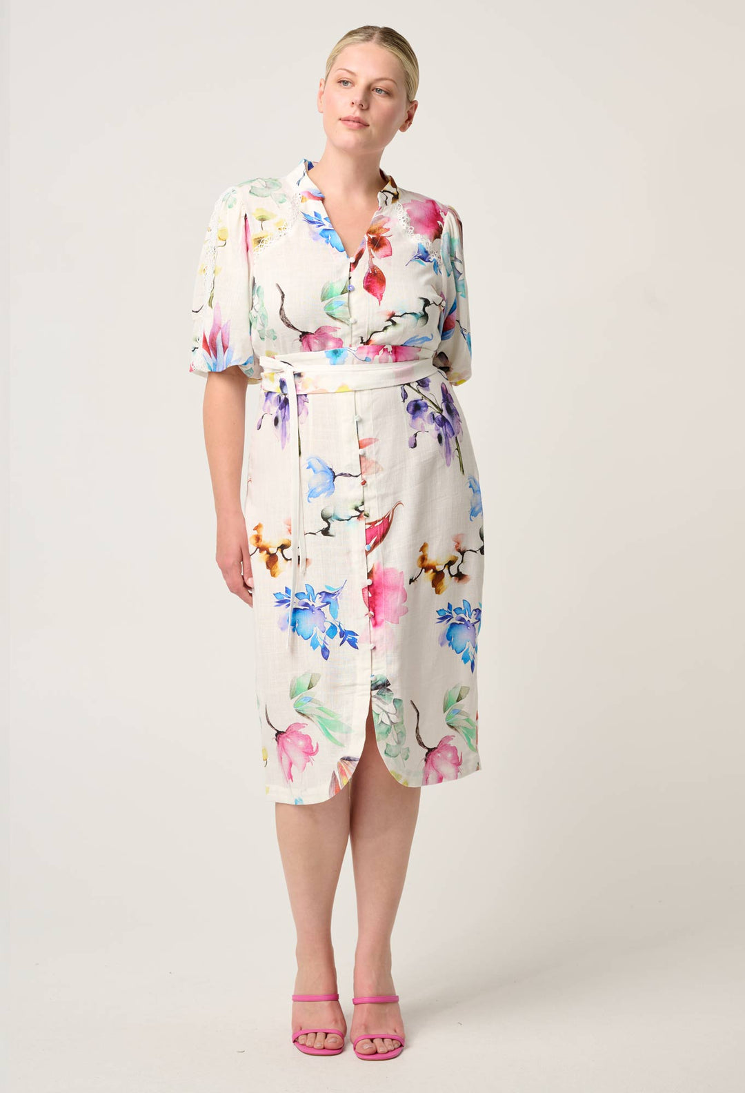 OnceWas Gaia Lace Spliced Linen Viscose Dress in Plume Blossom
