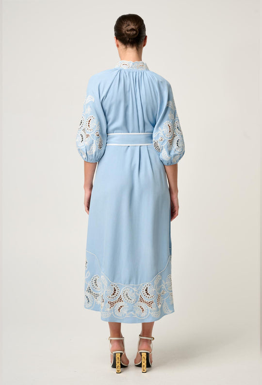 OnceWas Amara Tencel Embroidered Maxi Dress in Blue Haze