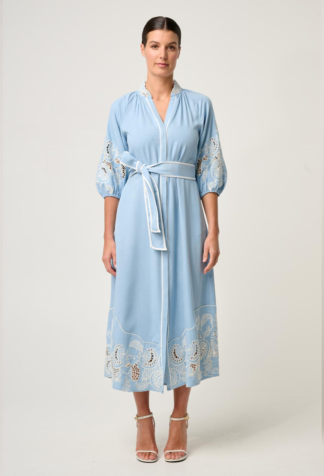 OnceWas Amara Tencel Embroidered Maxi Dress in Blue Haze