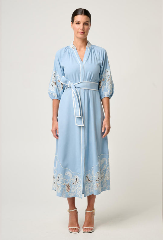 OnceWas Amara Tencel Embroidered Maxi Dress in Blue Haze