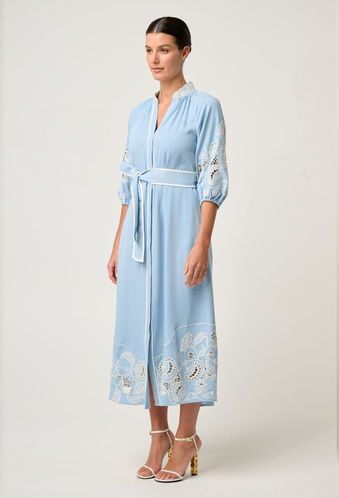OnceWas Amara Tencel Embroidered Maxi Dress in Blue Haze