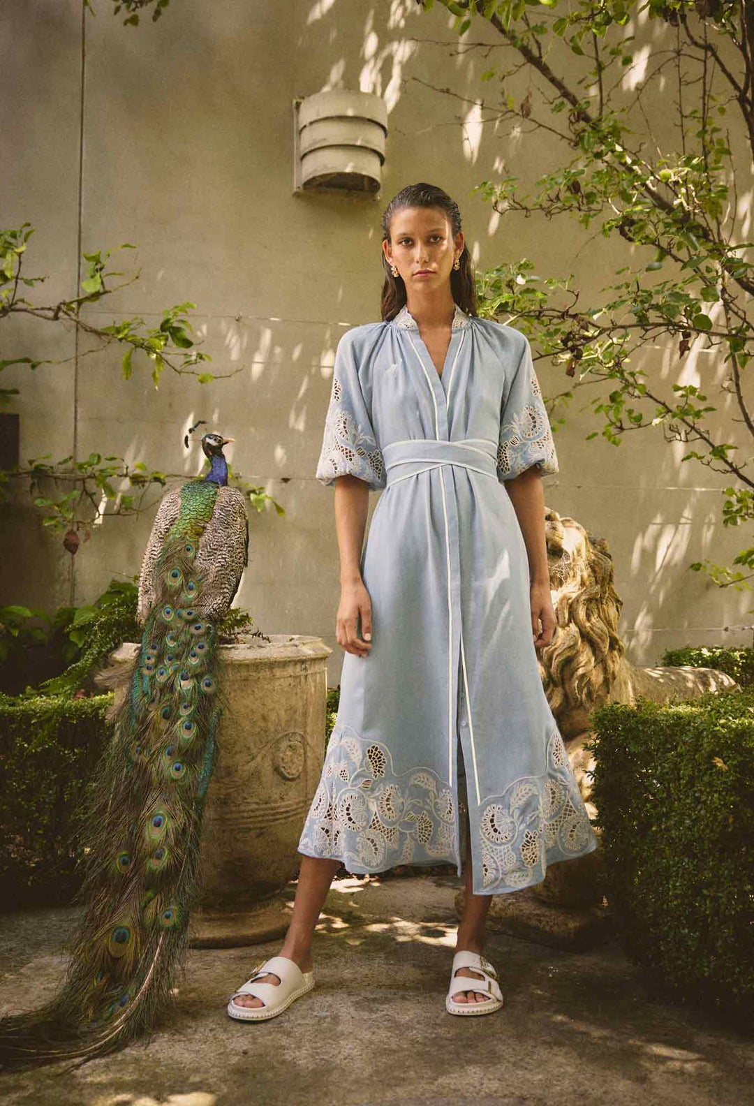 OnceWas Amara Tencel Embroidered Maxi Dress in Blue Haze