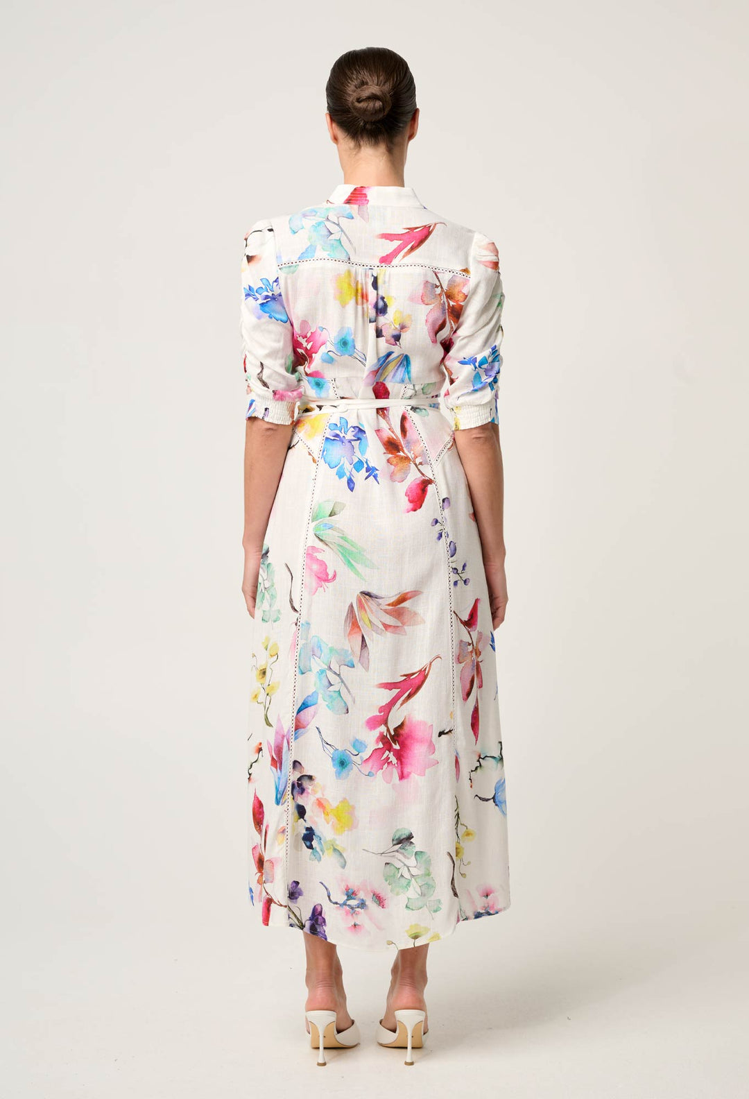 OnceWas Xenia Yoke Linen Viscose Dress in Plume Blossom