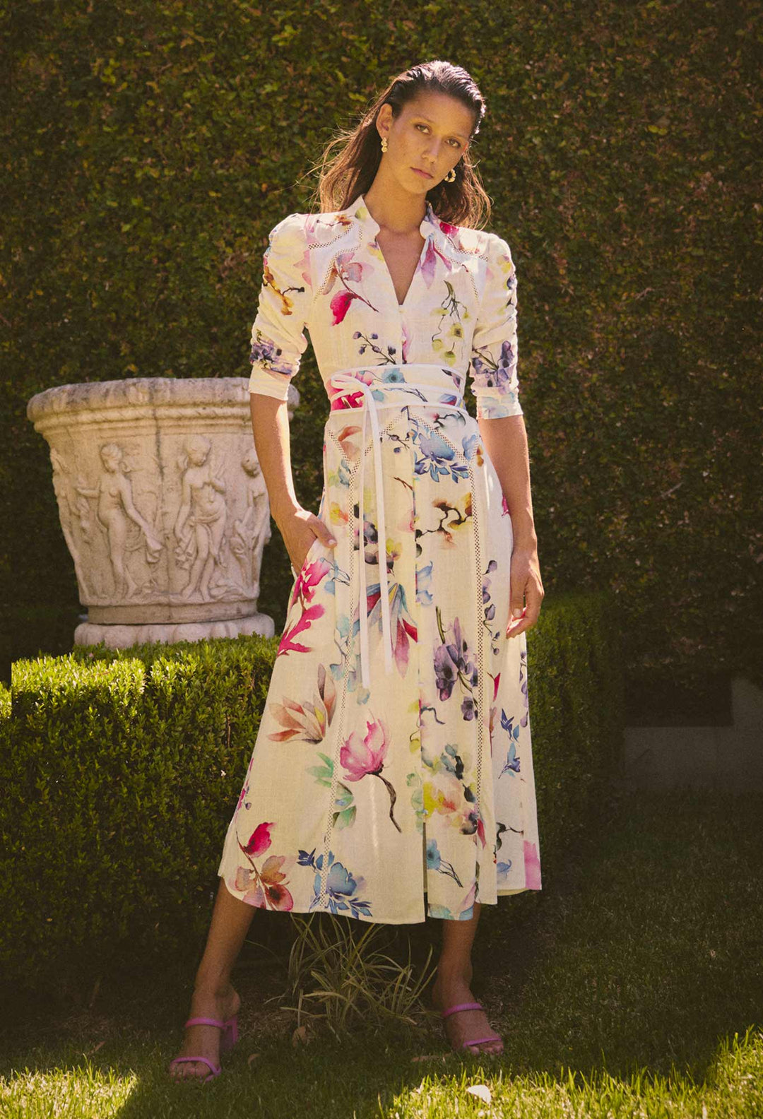 OnceWas Xenia Yoke Linen Viscose Dress in Plume Blossom