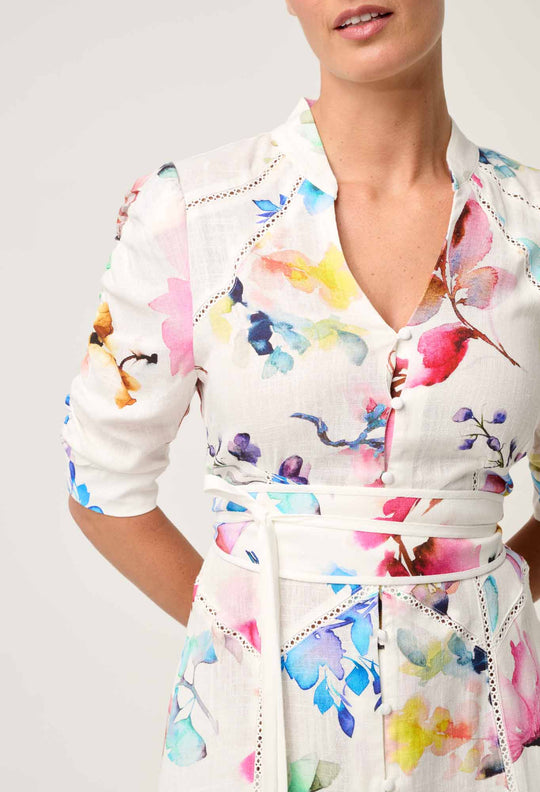 OnceWas Xenia Yoke Linen Viscose Dress in Plume Blossom