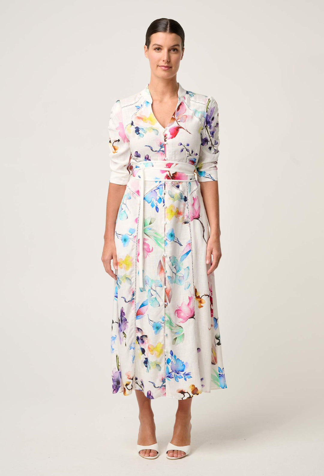 OnceWas Xenia Yoke Linen Viscose Dress in Plume Blossom