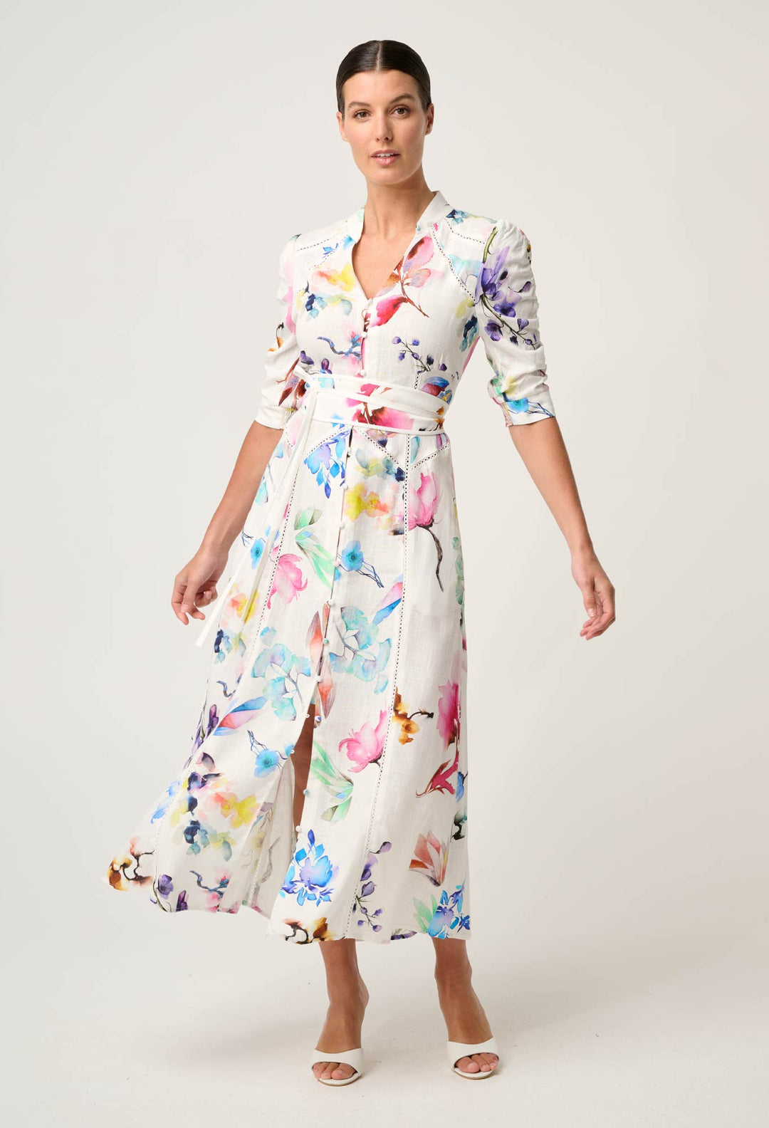 OnceWas Xenia Yoke Linen Viscose Dress in Plume Blossom