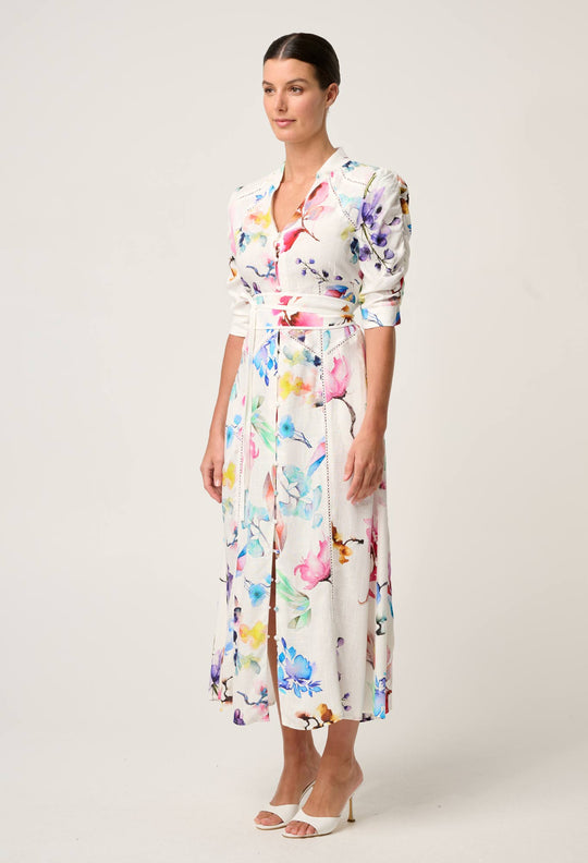 OnceWas Xenia Yoke Linen Viscose Dress in Plume Blossom