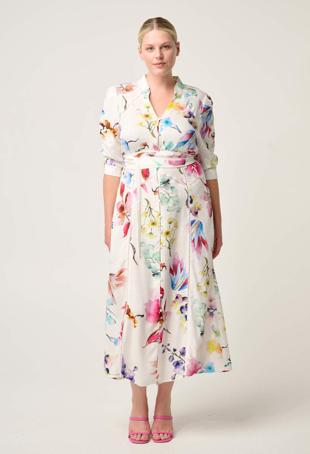OnceWas Xenia Yoke Linen Viscose Dress in Plume Blossom
