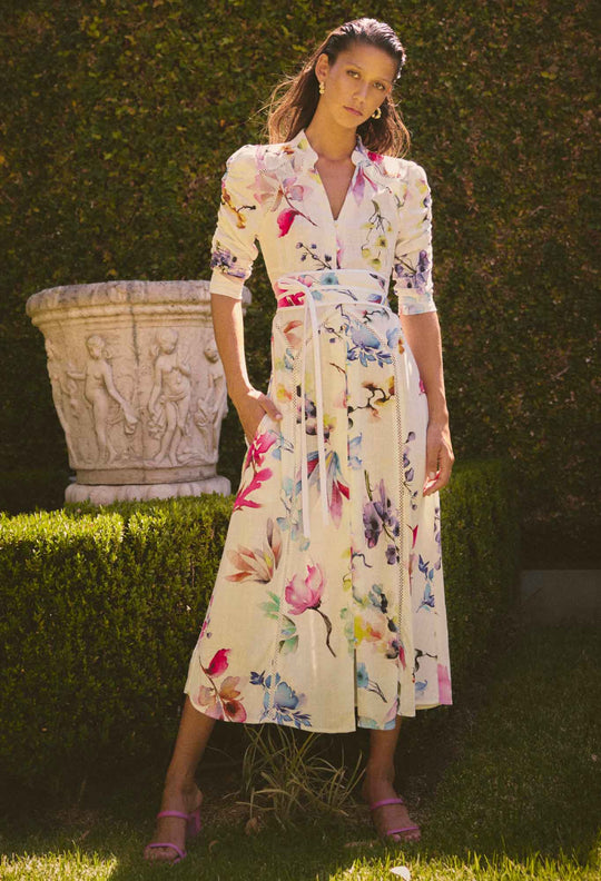 Xenia Yoke Linen Viscose Dress in Plume Blossom