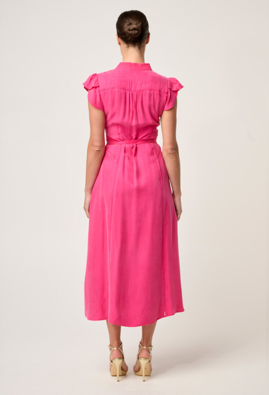 OnceWas Athena Cupro Viscose Flutter Sleeve Dress in Celosia Pink