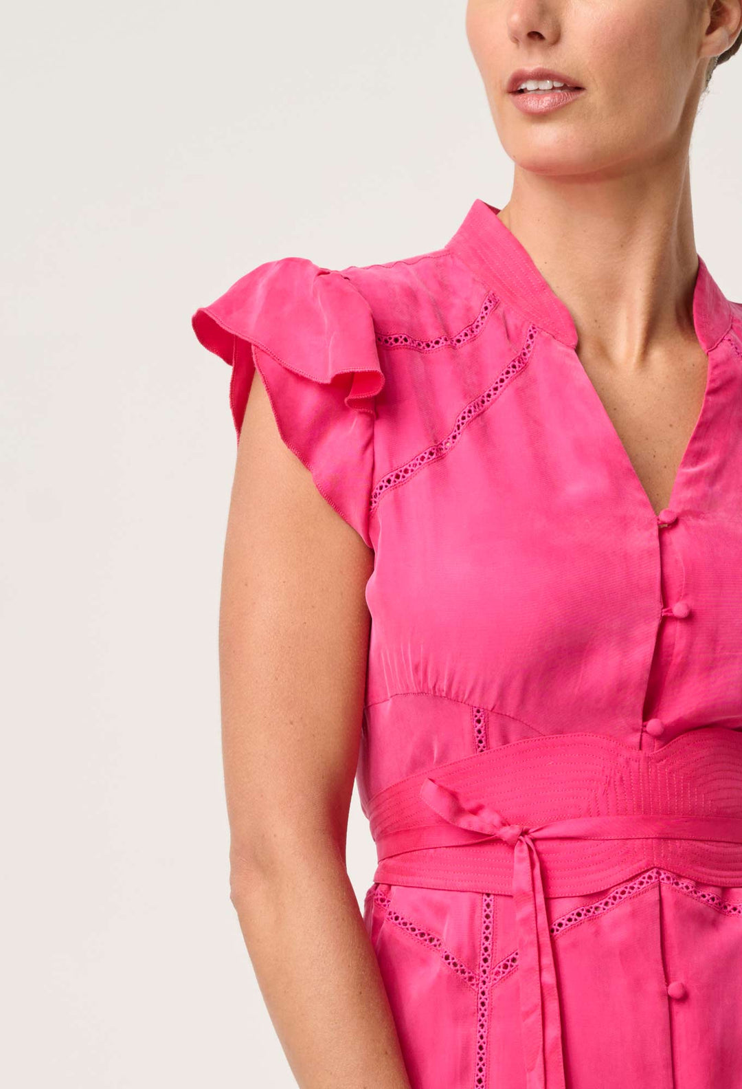 OnceWas Athena Cupro Viscose Flutter Sleeve Dress in Celosia Pink