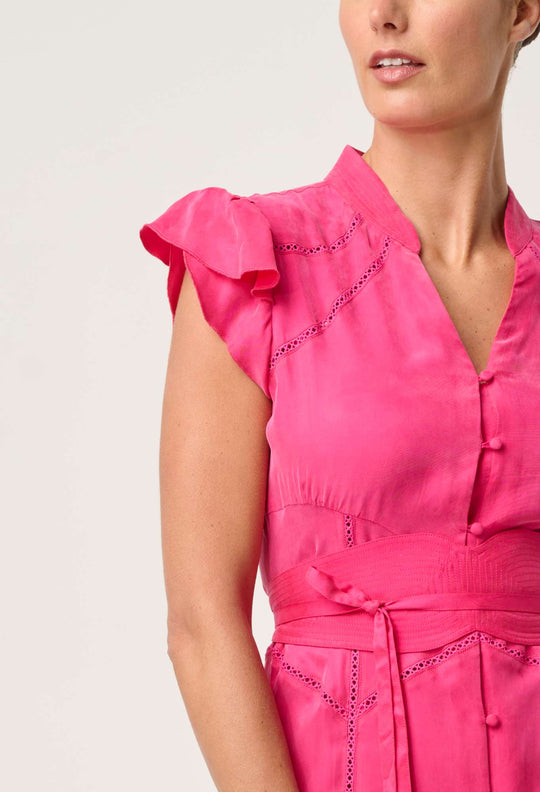 OnceWas Athena Cupro Viscose Flutter Sleeve Dress in Celosia Pink