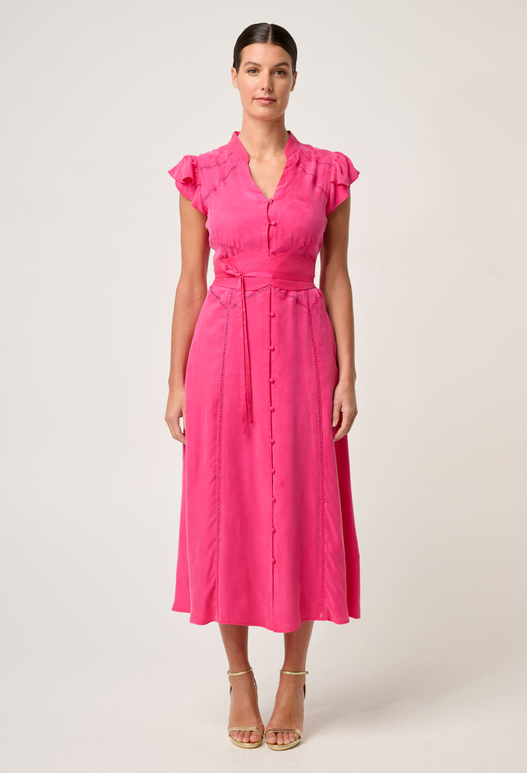 OnceWas Athena Cupro Viscose Flutter Sleeve Dress in Celosia Pink