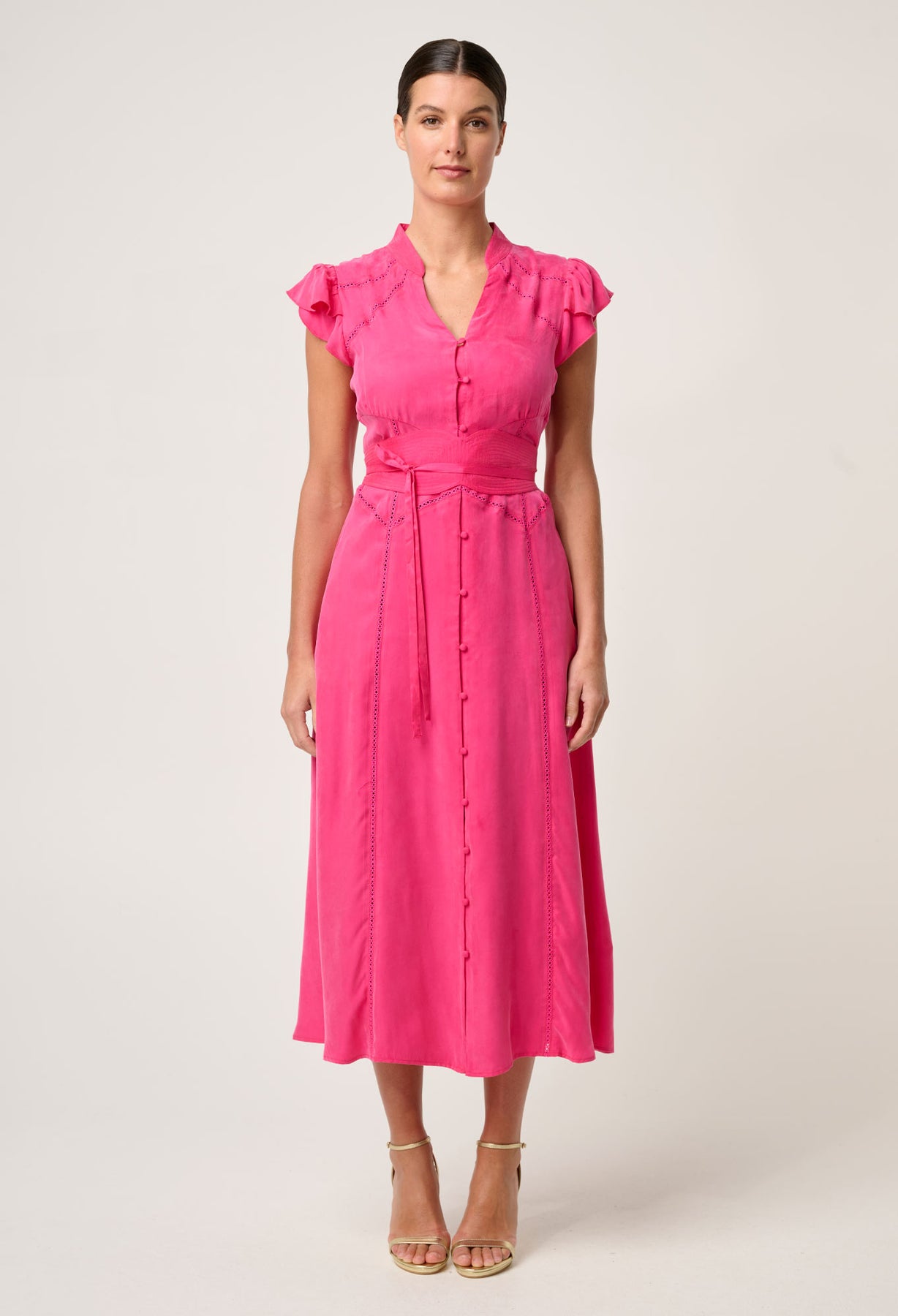 OnceWas Athena Cupro Viscose Flutter Sleeve Dress in Celosia Pink