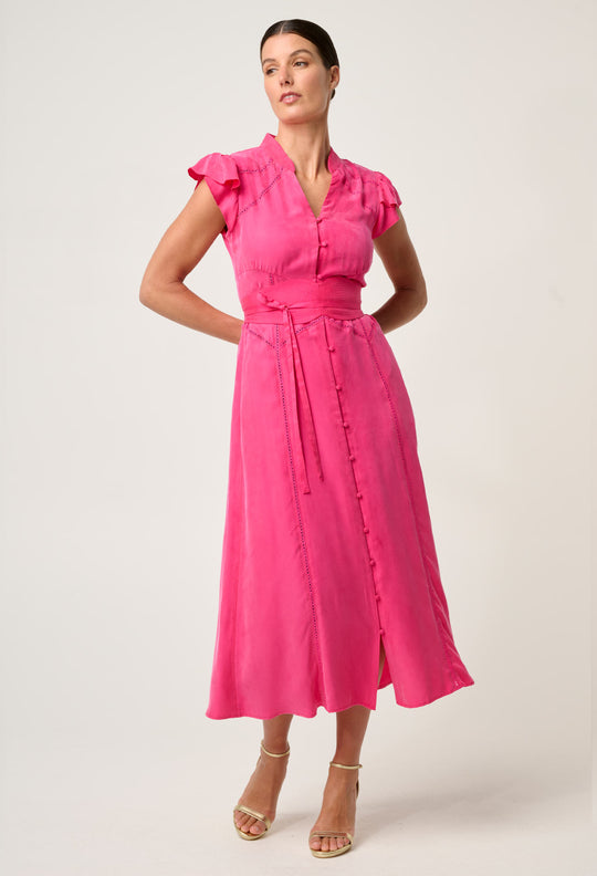 OnceWas Athena Cupro Viscose Flutter Sleeve Dress in Celosia Pink