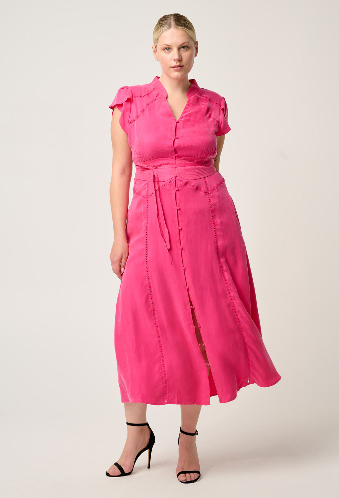 OnceWas Athena Cupro Viscose Flutter Sleeve Dress in Celosia Pink