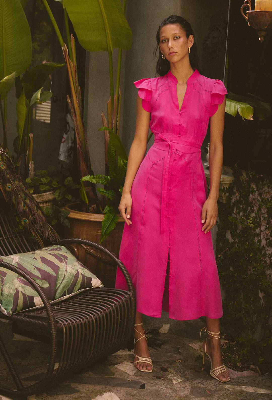 OnceWas Athena Cupro Viscose Flutter Sleeve Dress in Celosia Pink