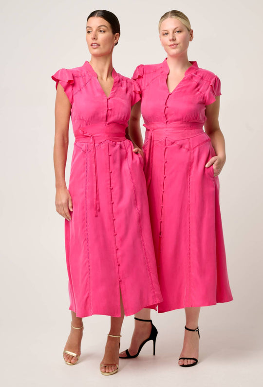 OnceWas Athena Cupro Viscose Flutter Sleeve Dress in Celosia Pink