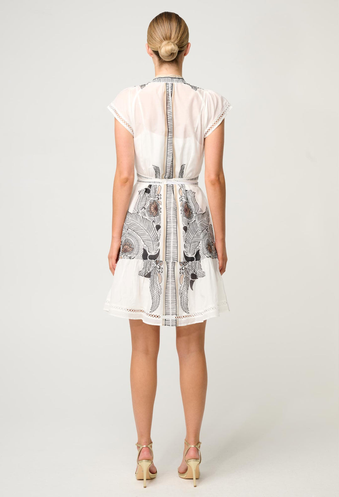 OnceWas Malika Silk Cotton Lace Trim Flutter Sleeve Dress in Ivory Casablanca