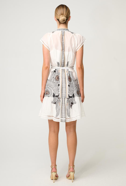 OnceWas Malika Silk Cotton Lace Trim Flutter Sleeve Dress in Ivory Casablanca