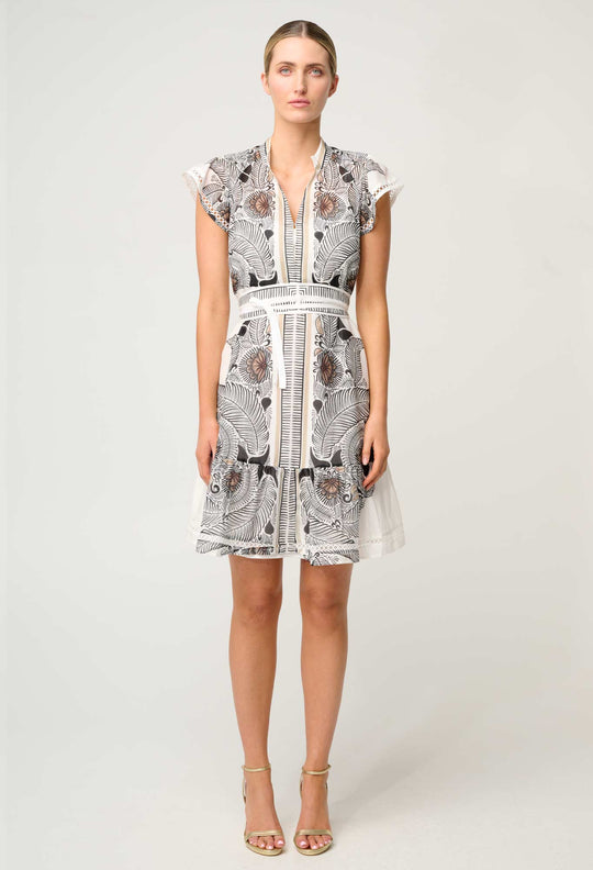 OnceWas Malika Silk Cotton Lace Trim Flutter Sleeve Dress in Ivory Casablanca