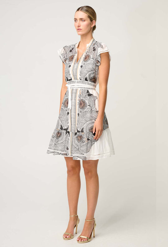 OnceWas Malika Silk Cotton Lace Trim Flutter Sleeve Dress in Ivory Casablanca