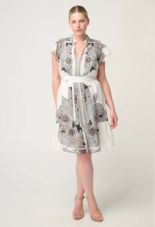 OnceWas Malika Silk Cotton Lace Trim Flutter Sleeve Dress in Ivory Casablanca