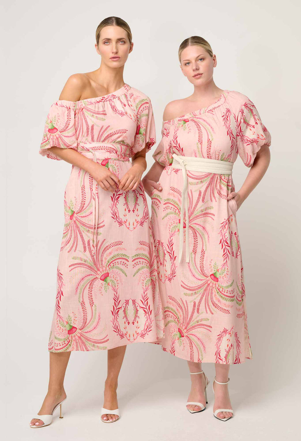 OnceWas Zina Linen Viscose One Shoulder Dress in Palmarosa