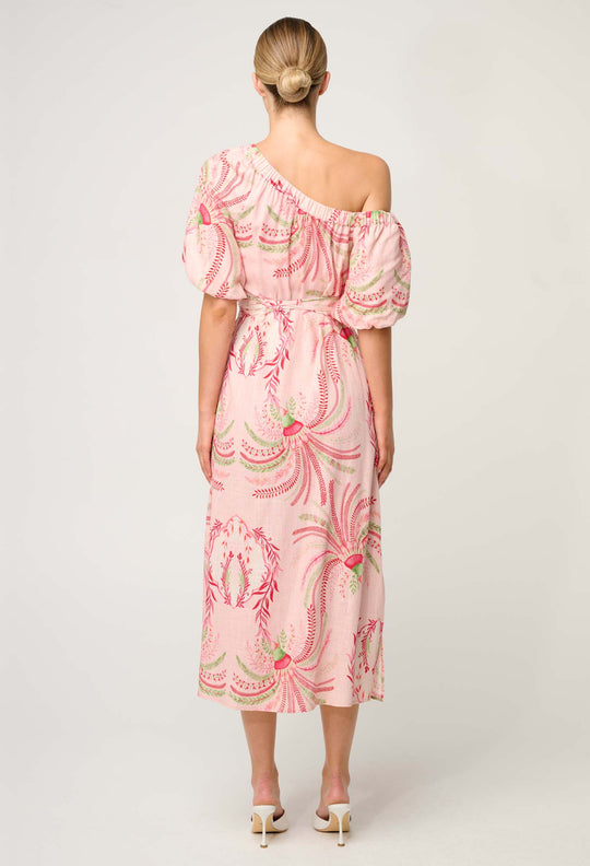 OnceWas Zina Linen Viscose One Shoulder Dress in Palmarosa