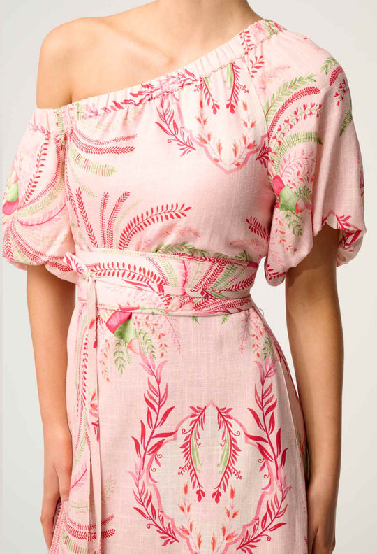 OnceWas Zina Linen Viscose One Shoulder Dress in Palmarosa