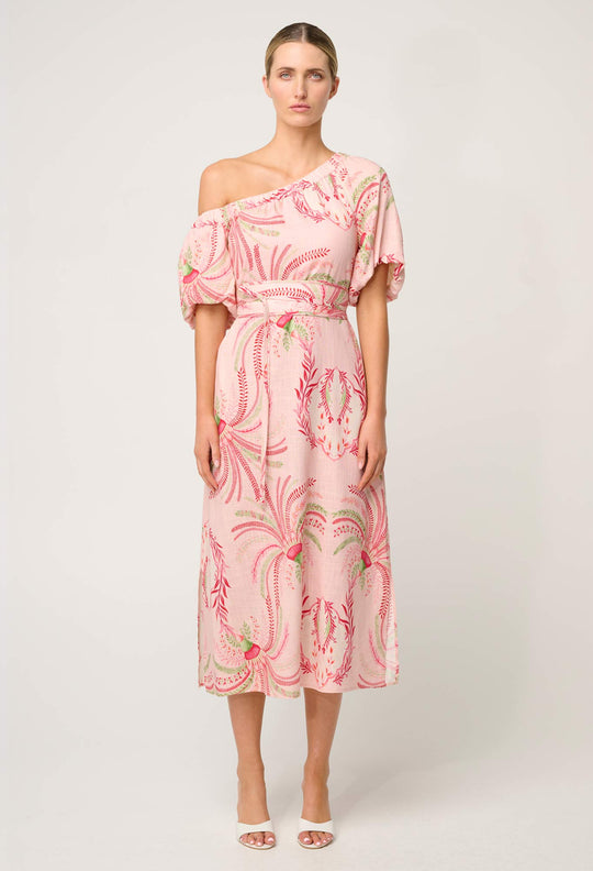 OnceWas Zina Linen Viscose One Shoulder Dress in Palmarosa