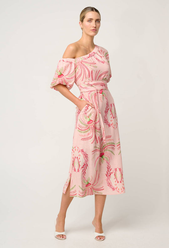 OnceWas Zina Linen Viscose One Shoulder Dress in Palmarosa