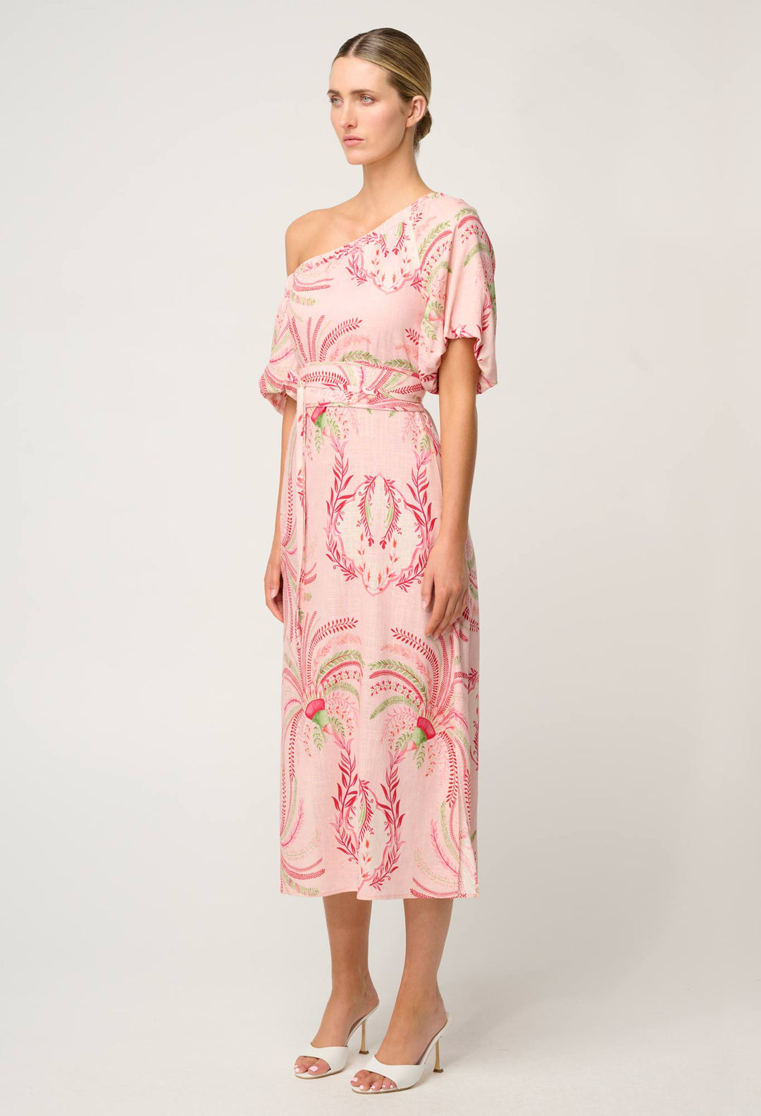 OnceWas Zina Linen Viscose One Shoulder Dress in Palmarosa