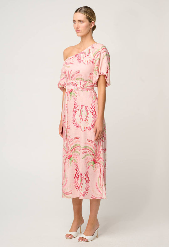 OnceWas Zina Linen Viscose One Shoulder Dress in Palmarosa