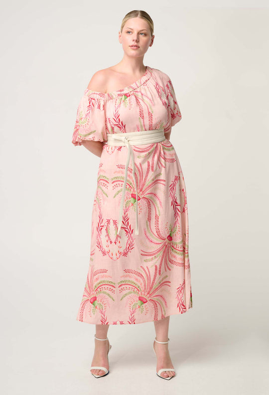 OnceWas Zina Linen Viscose One Shoulder Dress in Palmarosa
