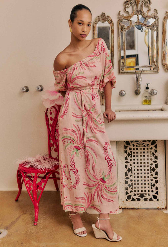 Zina Linen Viscose One Shoulder Dress in Palmarosa