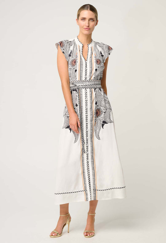 OnceWas Malika Viscose Dobby Flutter Sleeve Dress in Ivory Casablanca