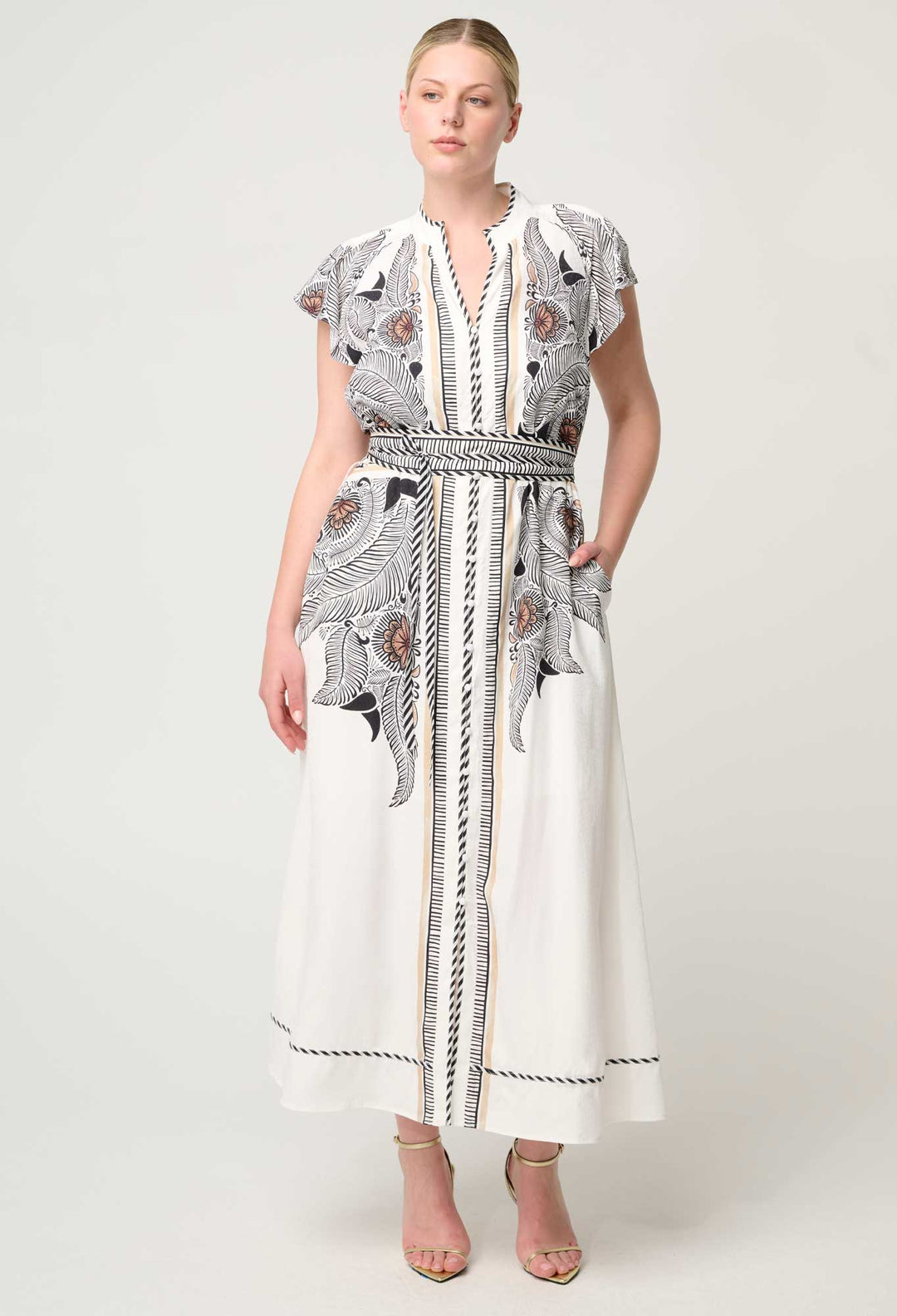 OnceWas Malika Viscose Dobby Flutter Sleeve Dress in Ivory Casablanca