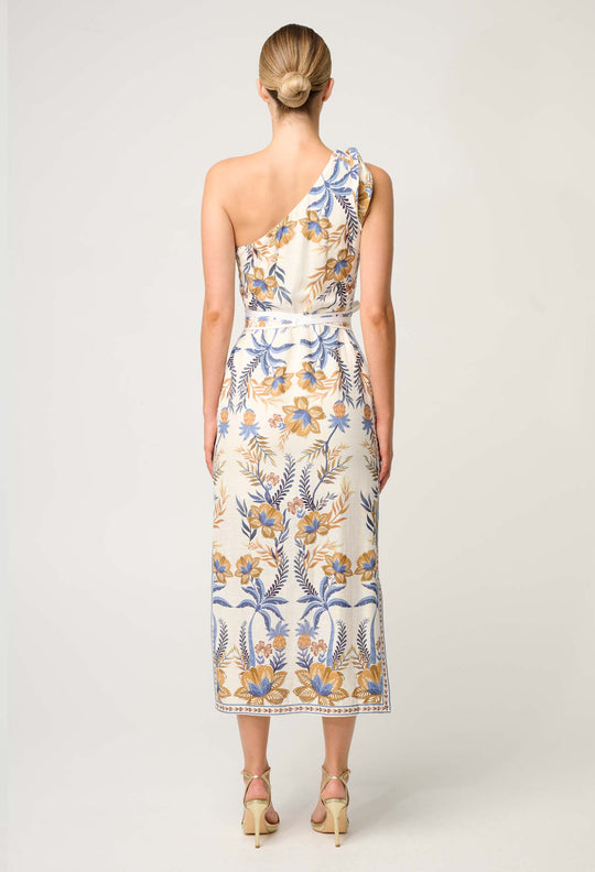 OnceWas Amira One Shoulder Tie Linen Viscose Dress in Golden Medina