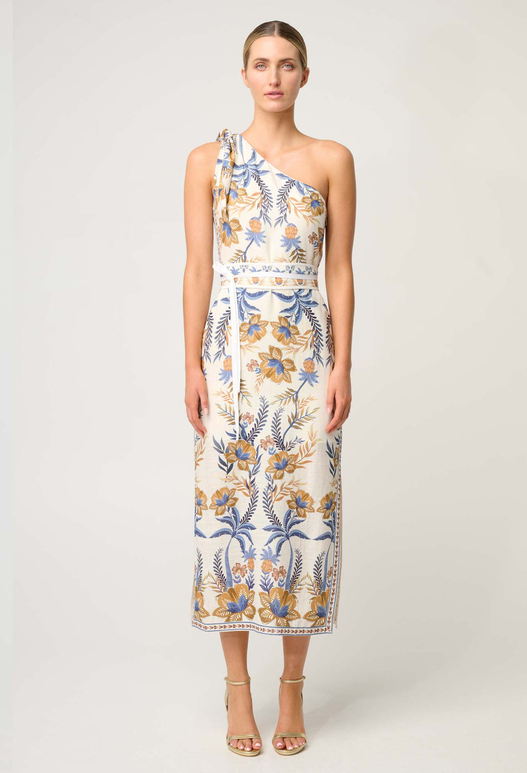 OnceWas Amira One Shoulder Tie Linen Viscose Dress in Golden Medina