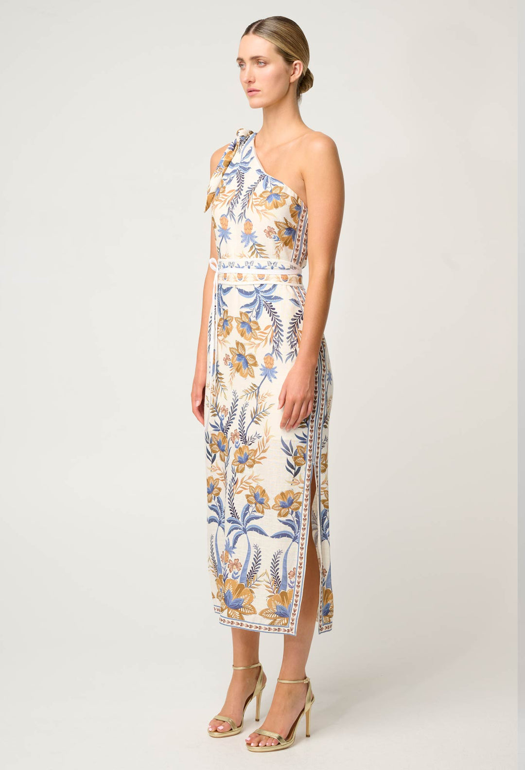OnceWas Amira One Shoulder Tie Linen Viscose Dress in Golden Medina